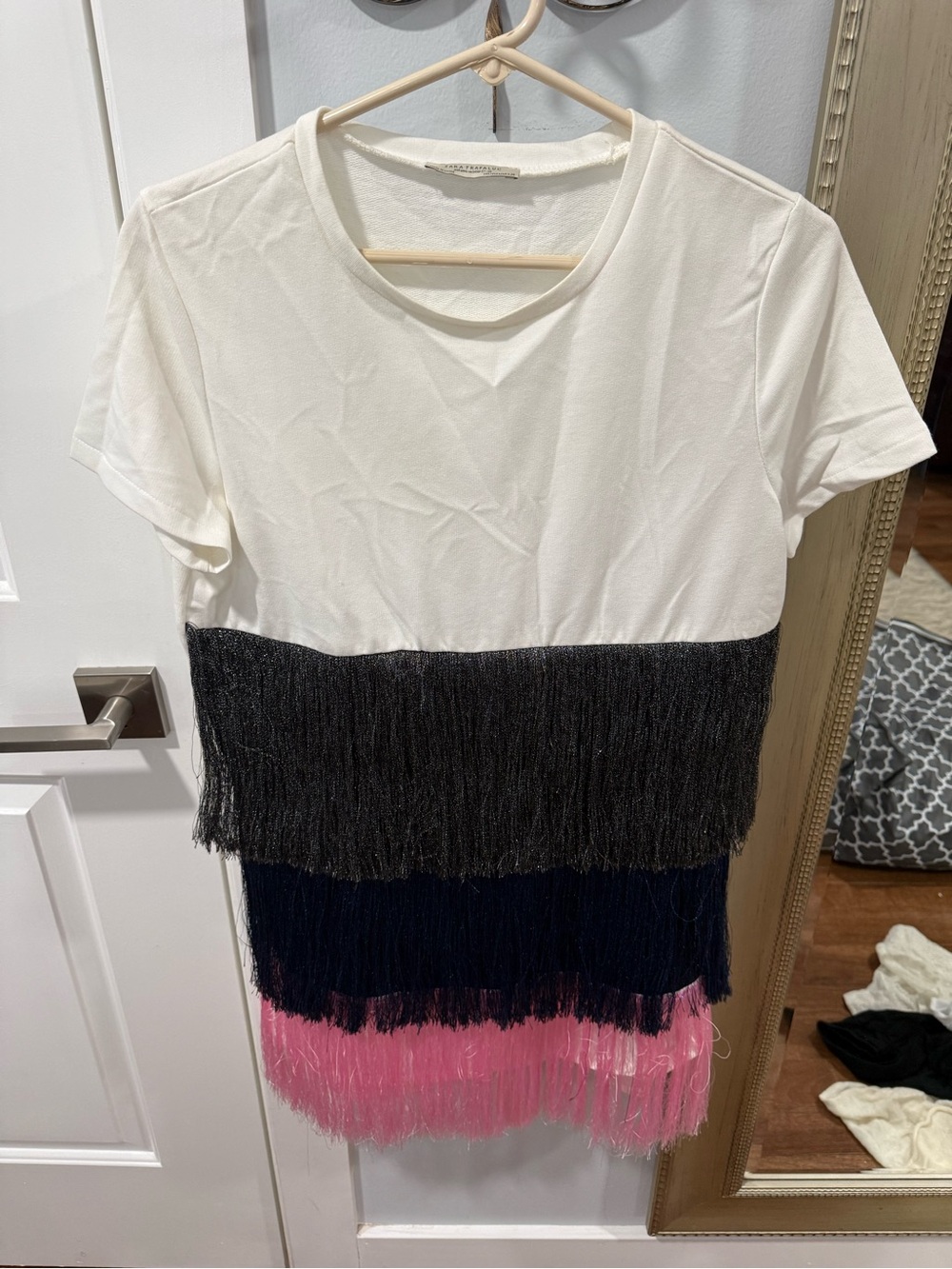 Zara White Short Sleeve Tee with Black, Navy & Pink Fringe